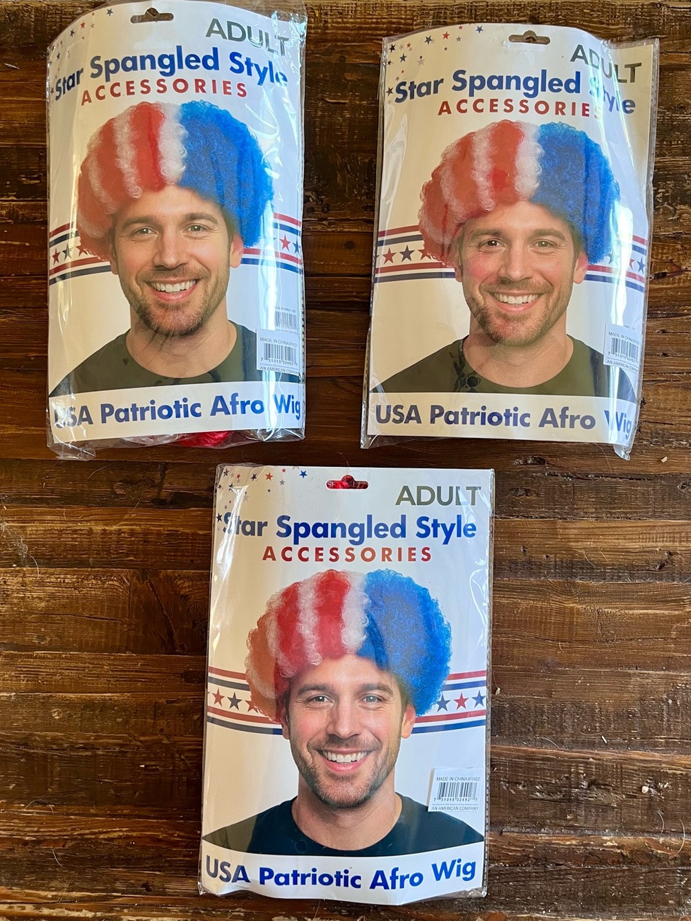 3 Men’s USA Patriotic Afro Clown Independence Day Flag Wig - Red, White & Blue